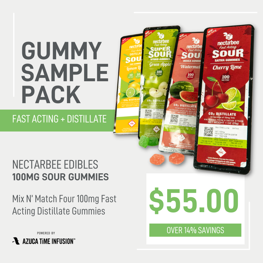 mix n match 4 100mg packs of fast-acting distillate gummies for $55 plus tax