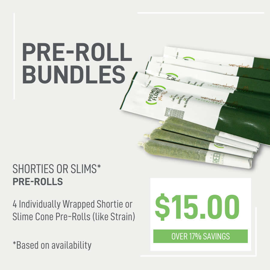 Get 4 individually wrapped TGS Shorties or Slim Cone Pre-Rolls of like strains for $15 plus tax