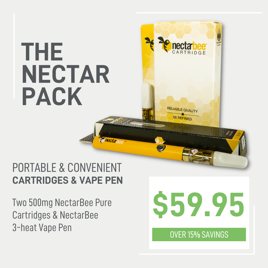 nectar pack: get 2 500mg NectarBee Pure Cartridges & NectarBee 3-heat vape pen for $59.95